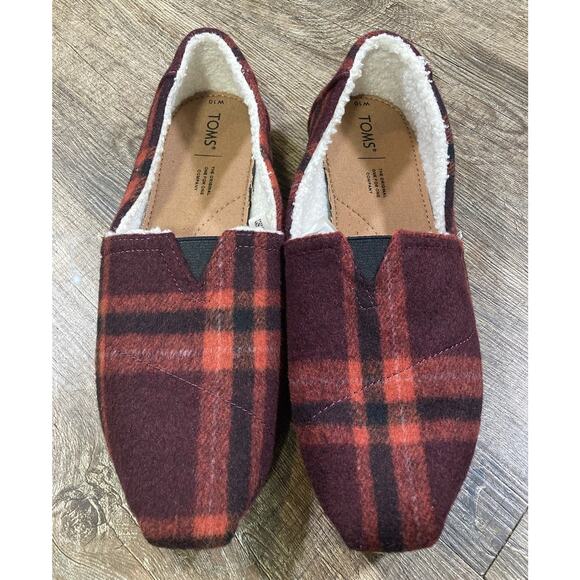 TOMS Belmont Red Plaid Slippers Flats Women Size 10 Casual Faux Shearling Wool - Picture 2 of 10